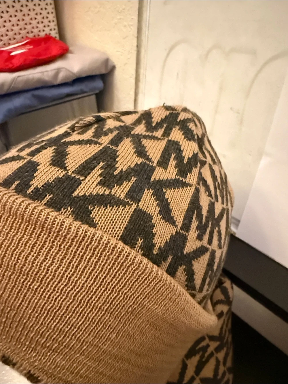 Michael Kors Tan and Black Logo Knit Beanie with Matching Scarf
